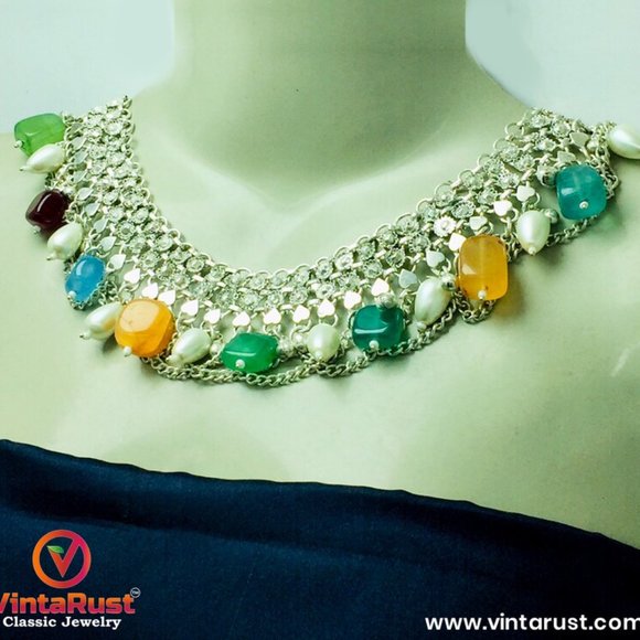 Silver Kuchi Choker Necklace With Multicolor Stones and Pearls - Picture 4 of 13